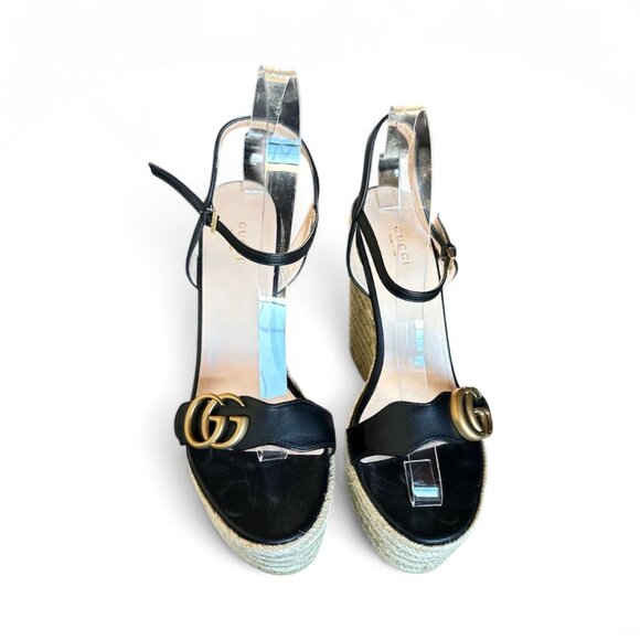 GUCCI Lifford GG Marmont Black Leather Espadrille Wedge Sandal EU 41 US 11 Aitan - Picture 2 of 8